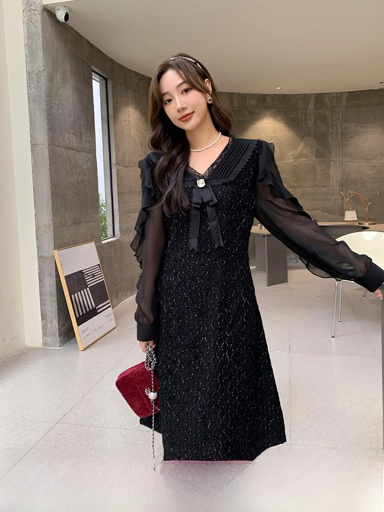 

Женское кружевное платье миди с V-образным вырезом больших размеров, модное, весна 2023, для офиса и повседневной носки, с молнией, длинный рукав