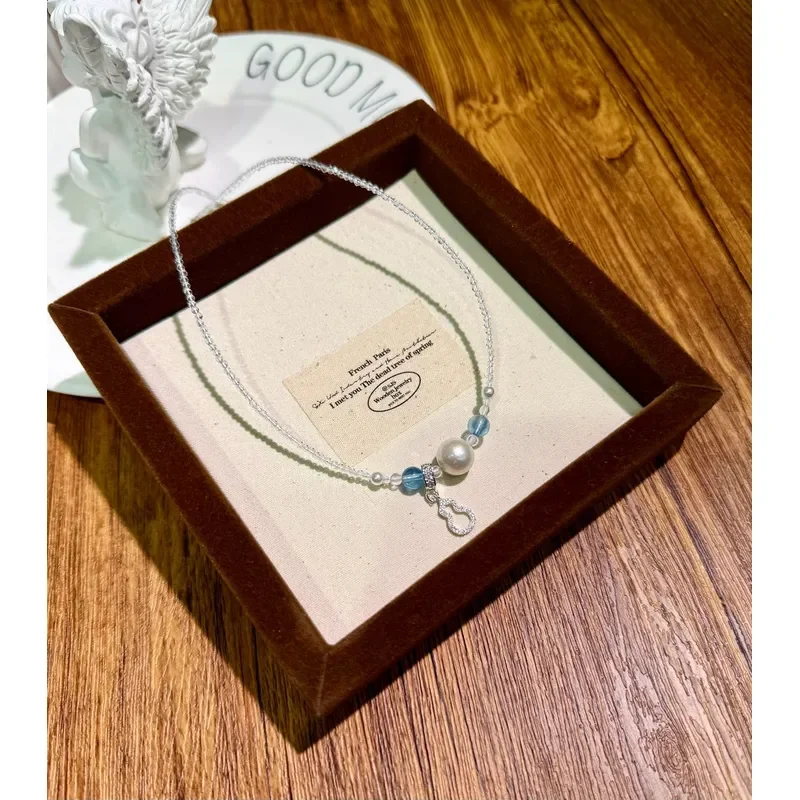 Niche blue 11 meters, natural pearl/glacier aquamarine/white crystal/bead spinel necklace.