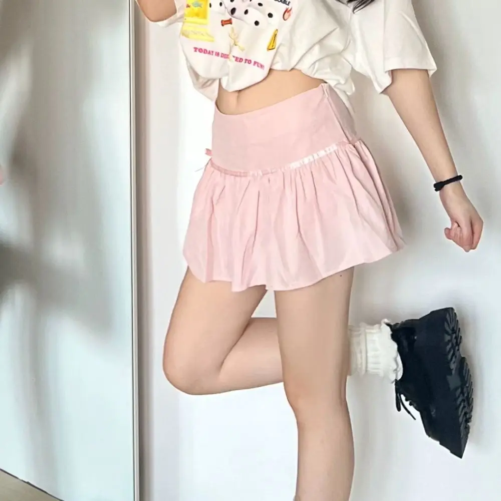 

A-line Pleated Mini Skirts with Safty Pants Preppy Ultra Short Skirts Korean Style Elastic Sweet Bowknot Mini Skirt School Girl