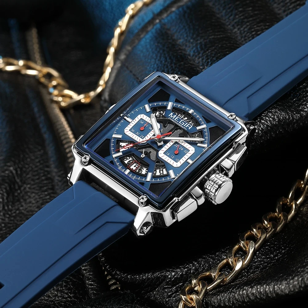 Мужские спортивные кварцевые часы MEGIR 2233 с квадратным циферблатом, модные водонепроницаемые, с силиконовым ремешком, светящиеся наручные часы с хронографом и датой, для улицы