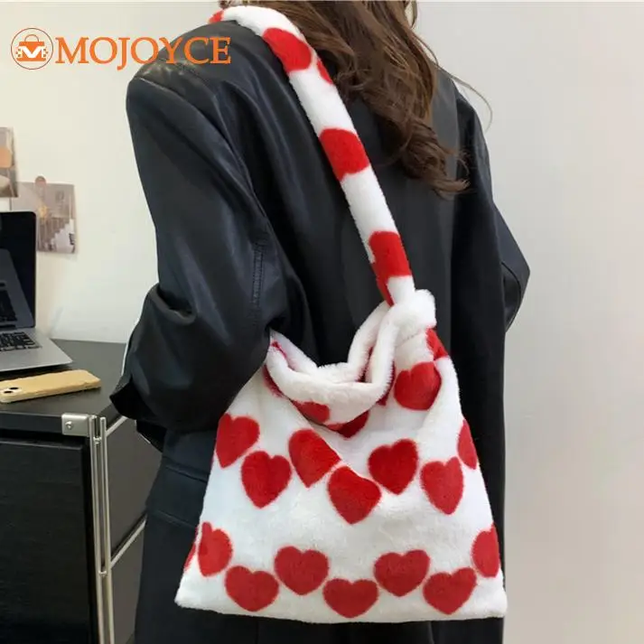 Women Luxury Plush Handbag Winter Faux Fur Shoulder Bag 2023 Korean Heart Pattern Tote Bag Soft Fluffy Large Ladies Underarm Bag