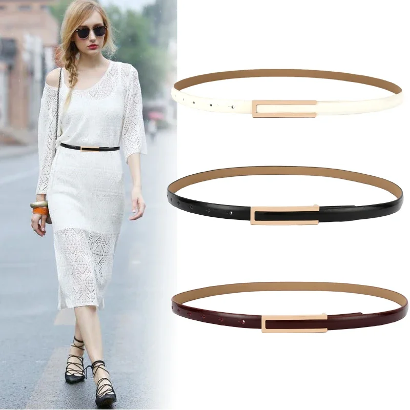 حزام نسائي نحيف من الجلد اللامع، حزام خصر رفيع أنيق مع إبزيم ذهبي من خليط معدني للفساتين