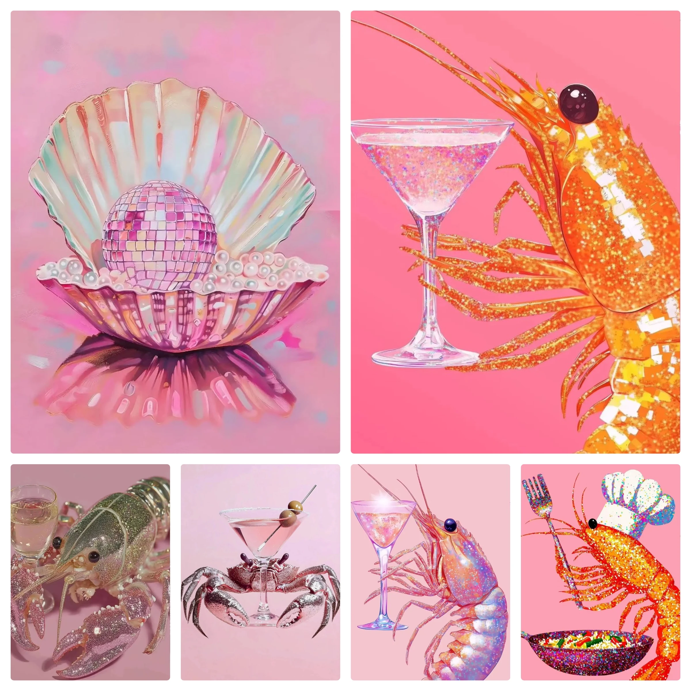 5D DIY Diamant-Malerei-Set Garnelen Krabben Martini Meeresfrüchte Bar Kunst Voll-Strass-Mosaik Wanddekoration Bastelset Geschenk für Zuhause