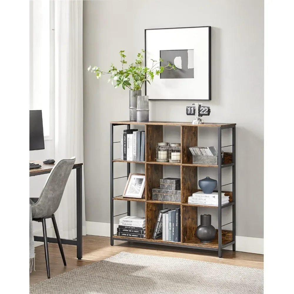 

Bookshelves, bookcases, 9 cube storage boxes, industrial open display shelves, metal frames