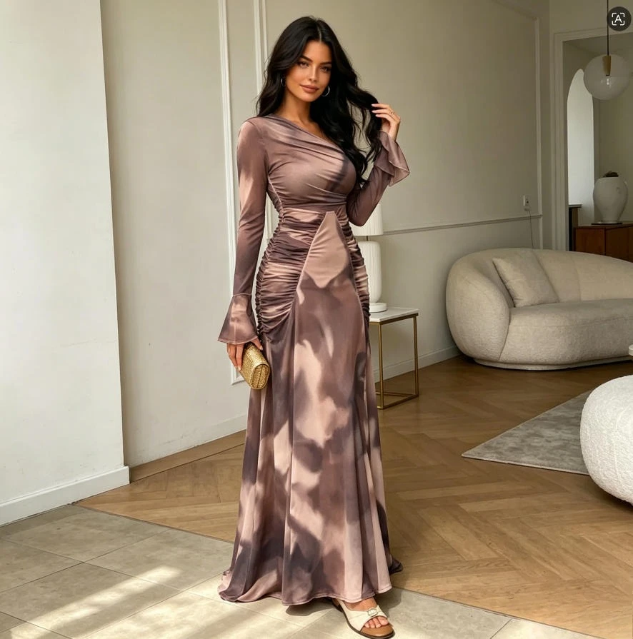 Langes Kleid für Damen, A-Linie, Vestidos, unregelmäßiger Ausschnitt, ausgestellte Ärmel, plissiert, bedruckt, elegant, gespleißt, schmal geschnitten, Abendkleid, Frühling 2026