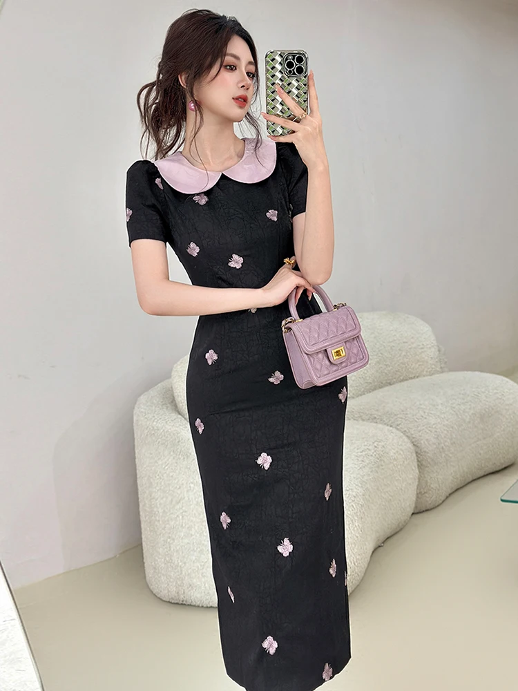 Vêtements pour femmes exquis doux rose papillon broderie Robe formelle élégante dame mince Banquet Robe Midi femme robes de fête