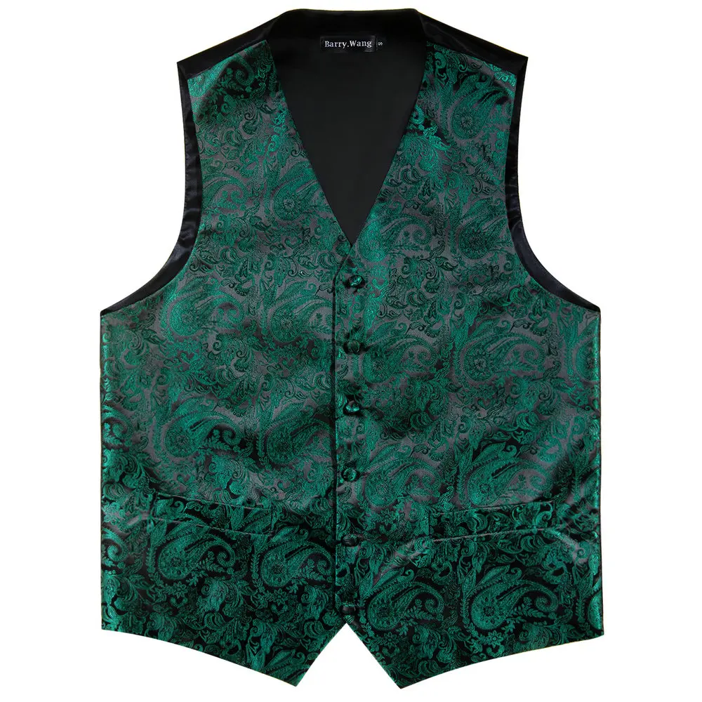 Verde floral colete de seda masculino terno fino colete paisley gravata lenço abotoaduras gravata colete negócios barry. wang design