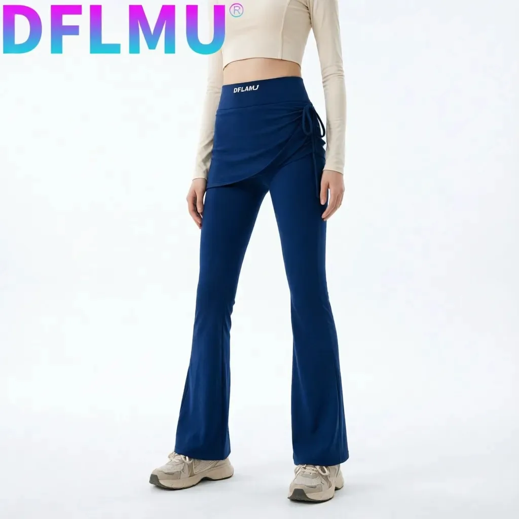Pantalones de yoga acampanados de cintura alta para mujer con falda superpuesta y detalles de borlas, pantalones de fitness DFLMU, pantalón deportivo.