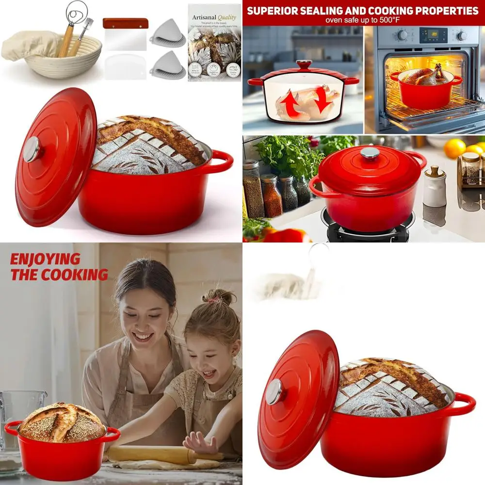 

Эмалированная чугунная жаровня с крышкой, принадлежности для выпечки хлеба на закваске, корзина для расстойки, инструменты для приготовления хлеба, прочная посуда для выпечки