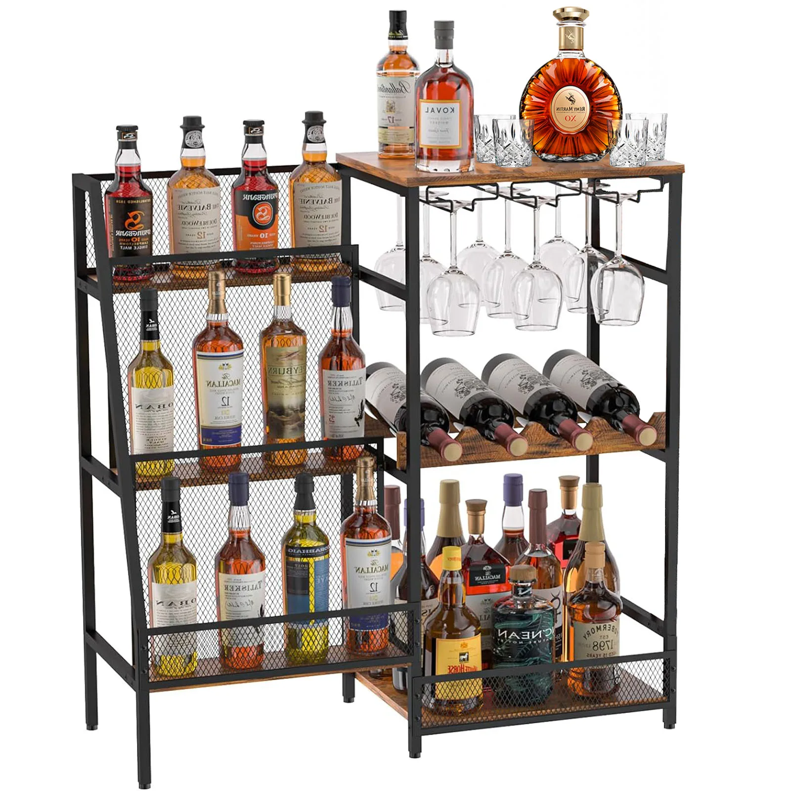 US Wine Rack Freestanding Floor Wine Bar Cabinet 3-Tier Floor Liquor Bar Cabinet With Fences & Glass Holder For Home Kitchen Bar