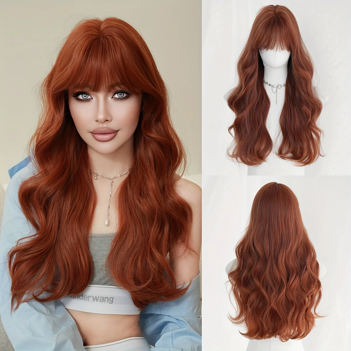 

Женский длинный волнистый парик медно-коричневого цвета с челкой, парик из синтетического волокна с сетчатой основой цвета розового золота.