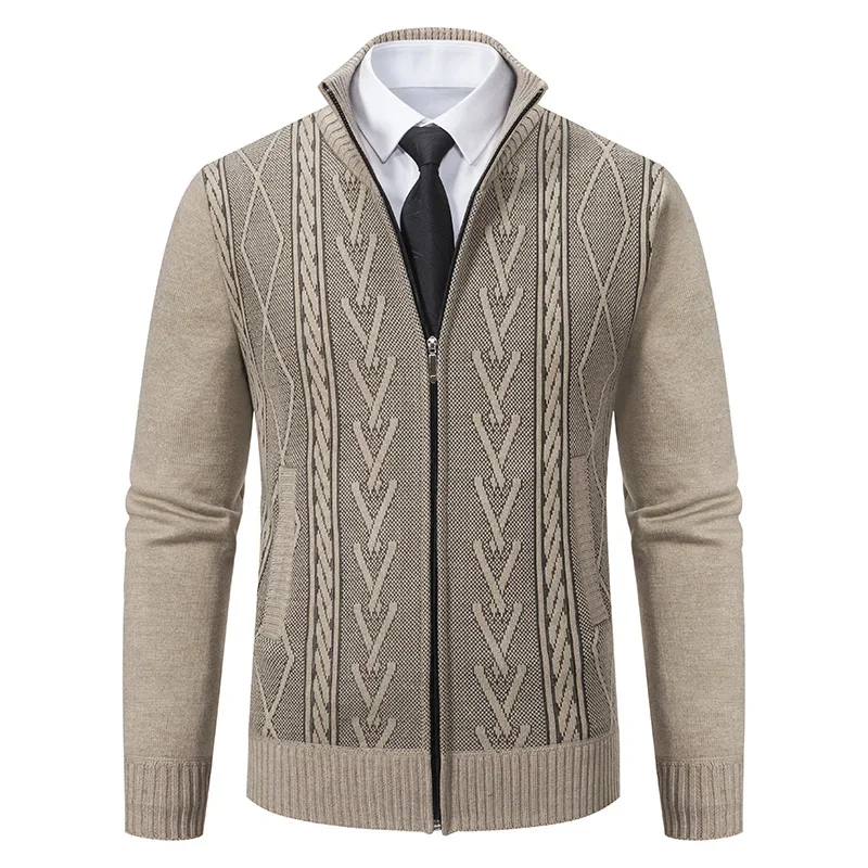 2026 Men's Casual High Collar Long Sleeve Knitted Top with Velvet Warmth for Autumn and Winter Fashion Multi Functional Jacket
