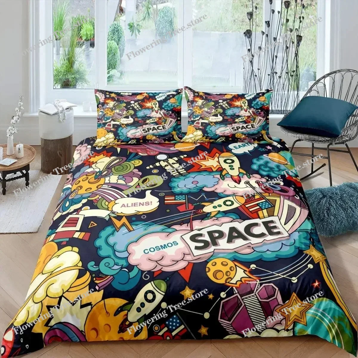 Rocket Duvet Cover Set King Size Spaceship Bedding Set Twin Microfiber Outer Space Galaxy Stars Planet Cartoon Style Quilt Cover
