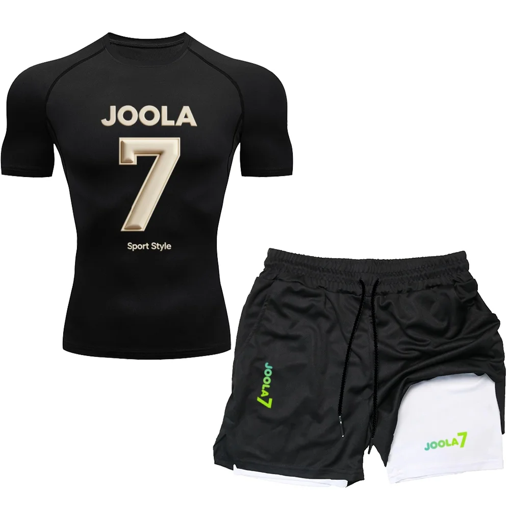 N JOOLA No.7 Print Men's Compression 2PCS Sportswear Set Quick Dry Elastic Gym Running Workout T-Shirt And Shorts