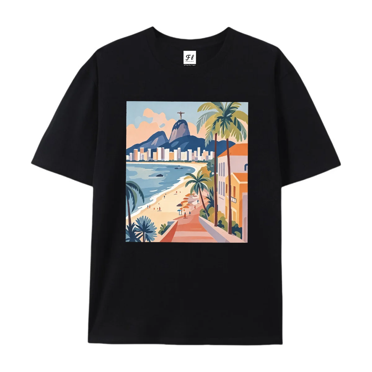 Unisex Rio Coastal City Landscape Graphic T Shirt Casual Short Sleeve Tee Tropical Beach Palm Tree Scenery Print Soft Cotton Top