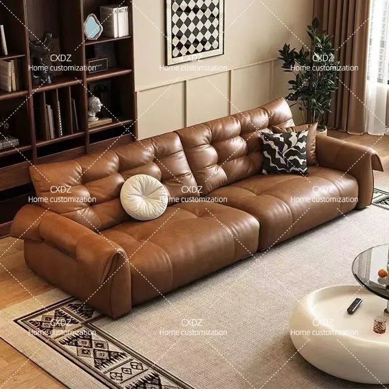 High-end retro style swan sofa living room simple and oversized sitting depth three or four people straight row oil wax