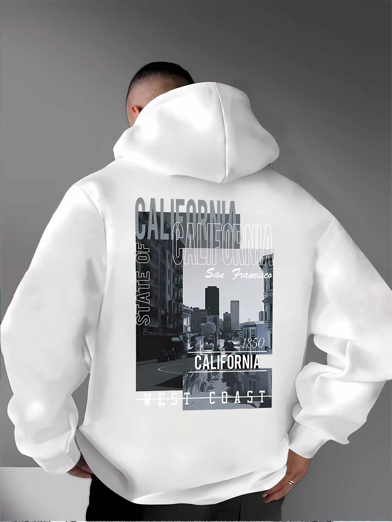 Men's California San Francisco West Coast Back Print Pullover Hoodie, City Landscape Vintage Letter Graphic Hooded Sweatshirt,