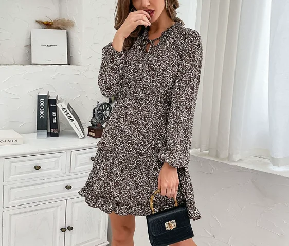 

Autumn Floral Print Slim Fit High Waisted Lantern Sleeve Black Fungus Edge Dress for Women, V-Neck Elegant Long Sleeved Dress