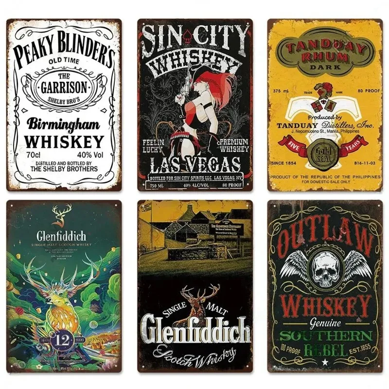HD Tin Sign Vintage Whiskey & Rum Wall Decor - Retro Peaky Blinders Scotch Liquor Metal Poster for Bar Pub Man Cave