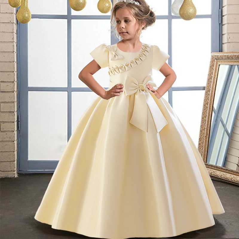 Teenager Pageant Big Bow Party Dress For Girls Children Costume Short Sleeve Princess Dresses Girl Dress Wedding Gown 4-14Y