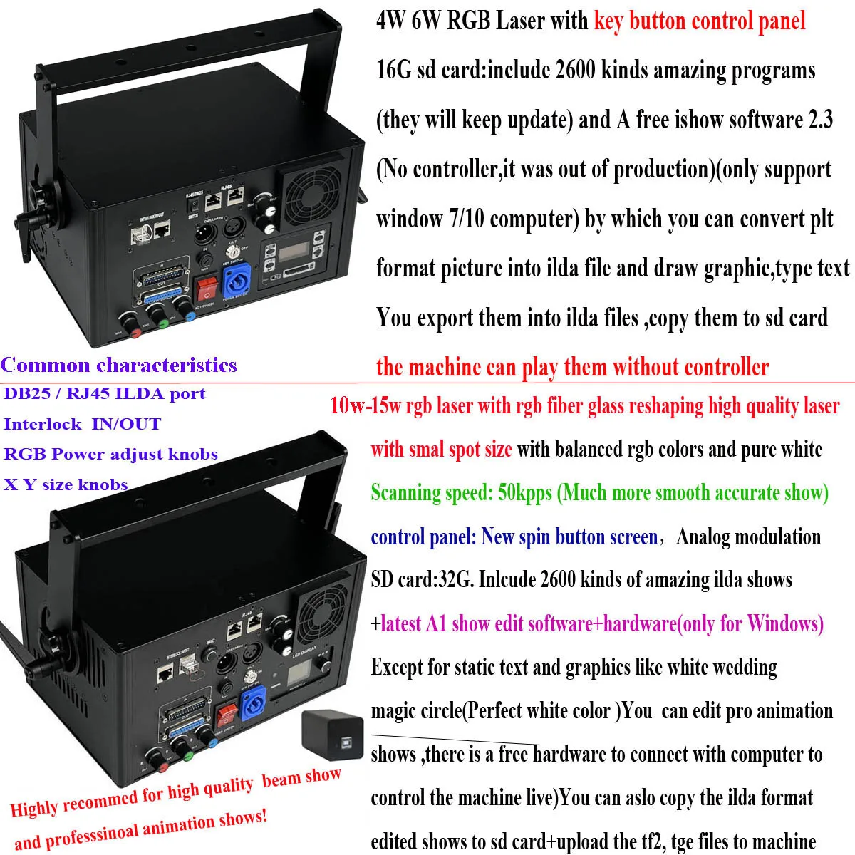 RGB Animation Laser Light 15W Laser Projector with SD Card ILDA DMX Control Disco Party Wedding Christmas Stage Light
