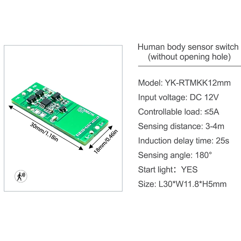 Short Distance Human Body Sensing e Light Control Sensor Switch, 180 ° PIR Motion Sensor, Switch Module, 12V, 4A, Fit for Smart Home, 3-4m