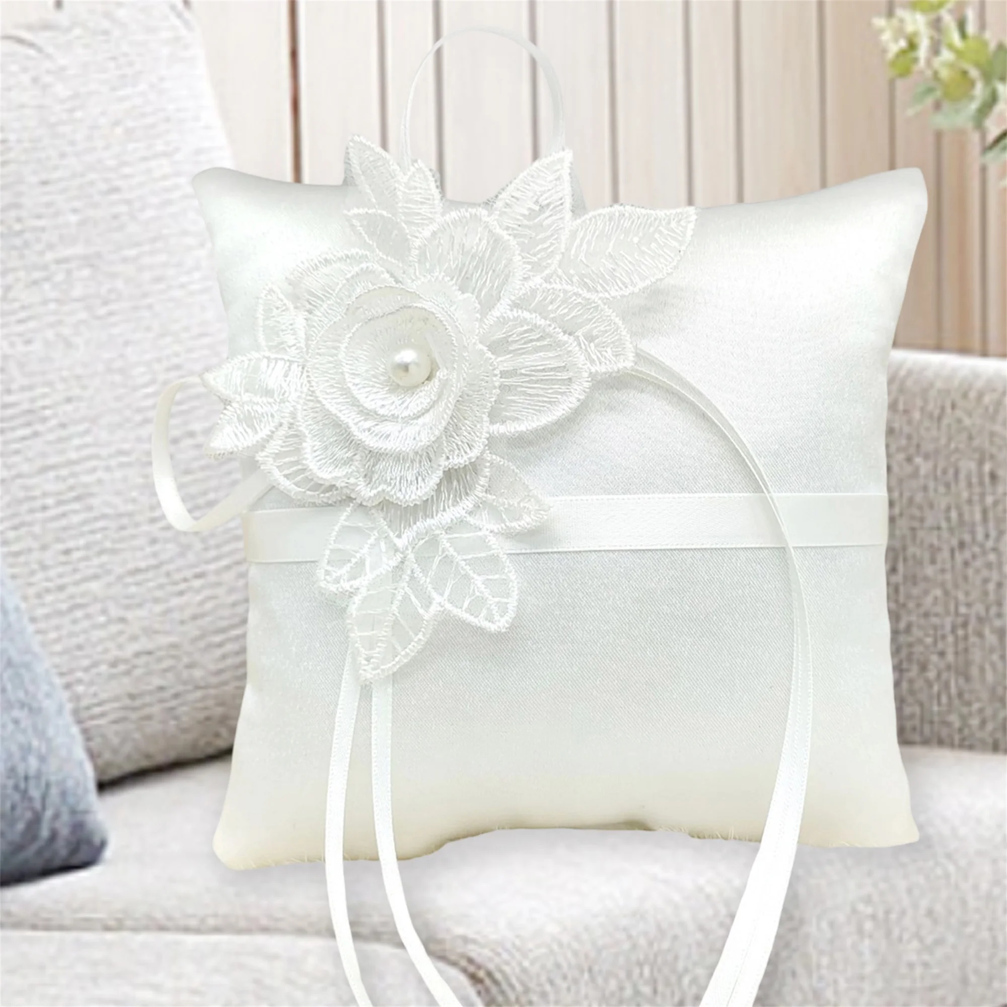 

Elegant Lace Wedding Ring Pillow with 3D Floral Design - Beautiful White Ring Cushion for Wedding Party Decor