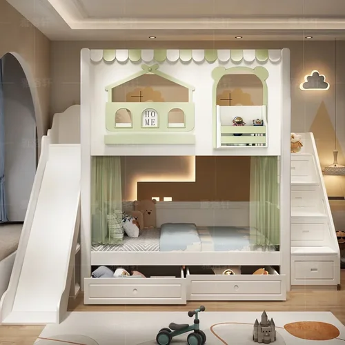 사다리 캐비닛 슬라이드가있는 어린이 벙커침대 벙커침대, 2 층 높이 난간, 같은 너비, 작은 아파트  Best5