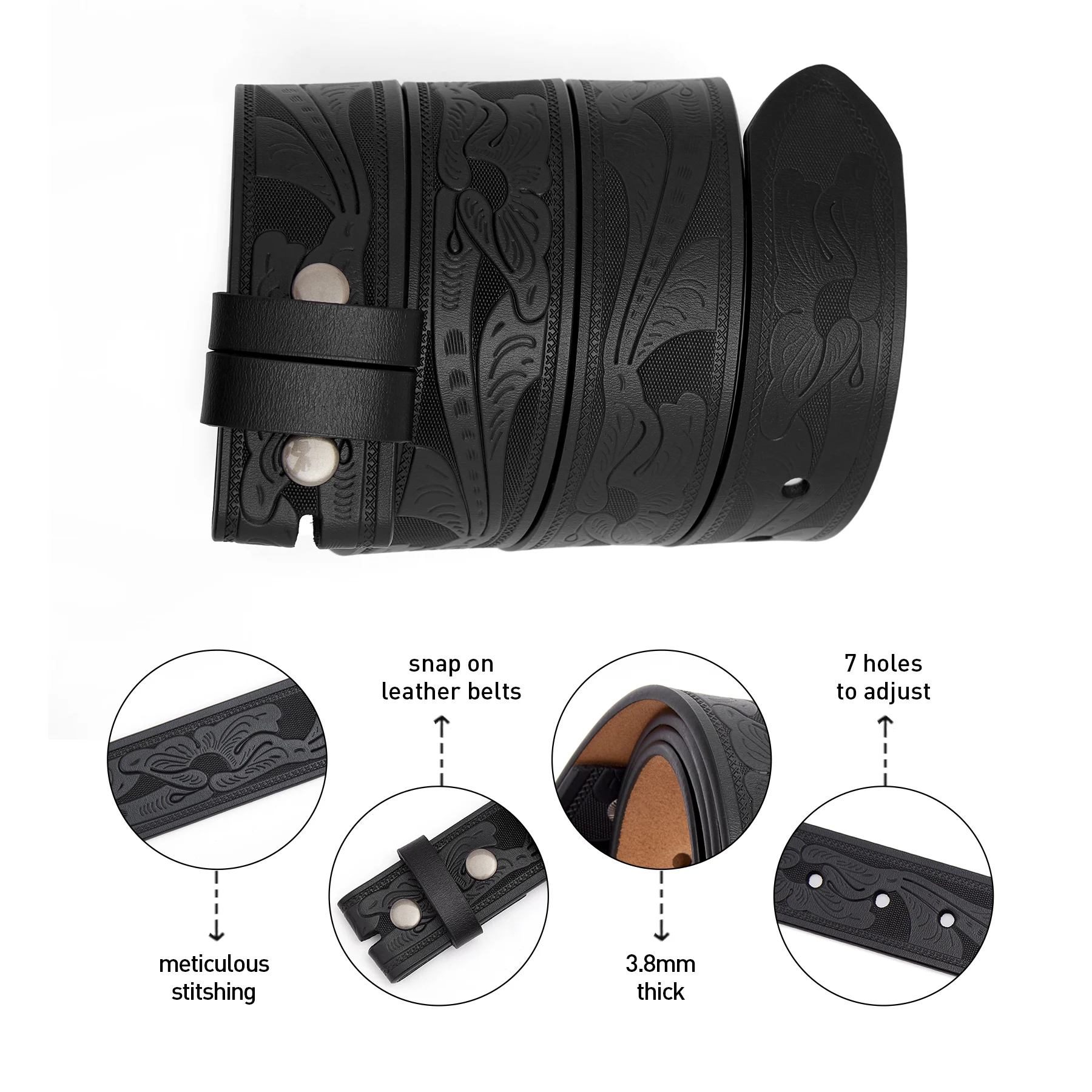 2024 High Quantity Western Leather Men Belts No Buckle Strap for Men Two Layer Embossed Cowhide Male Cowboy Belt Without Buckle