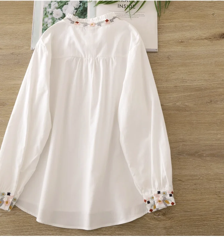 가을 여성 의류 우아한 화이트 셔츠 만다린 칼라 자수 긴팔 셔츠 여성용 면 블라우스 여성 상의 여성 의류