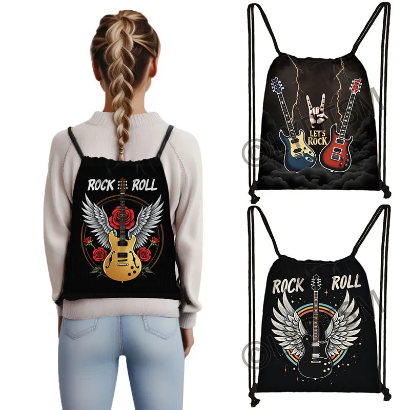 cool guitar with angle wings graphic Print Drawstring Bag for Travel Shoes Holder Large Capacity Storage Bags Teenager Bookbgs