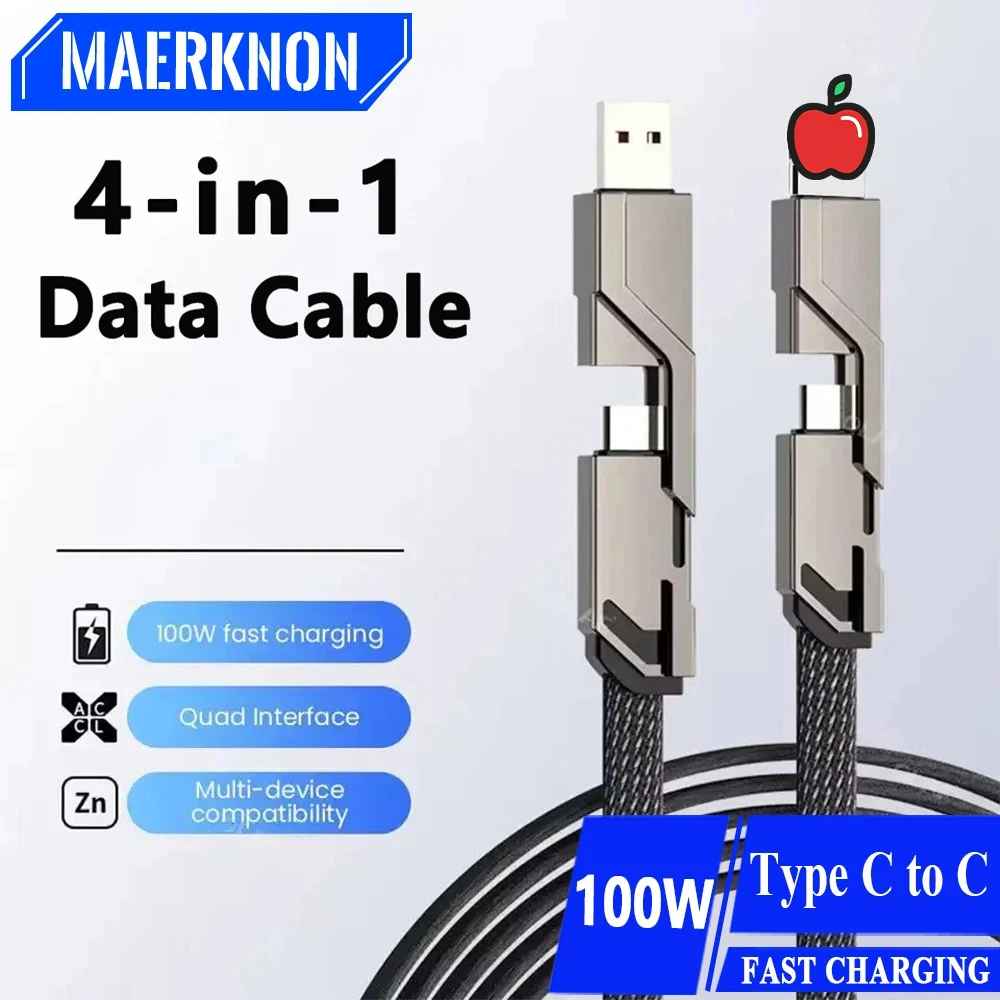 4 in 1 Type C Data Cable 100W PD Fast Charging USB-A to USB-C Line Wire for iPhone 15 14 13 12 11 Samsung Xiaomi Redmi Huawei