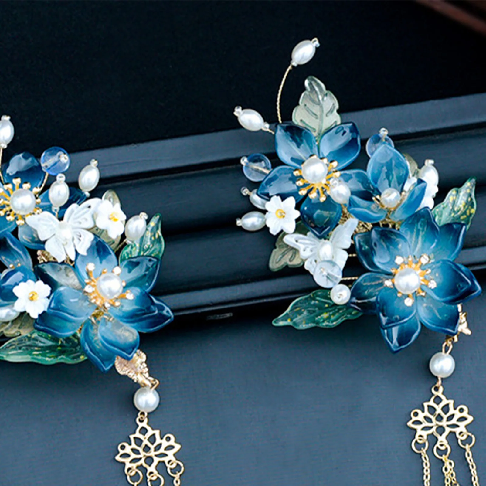 Chinese Style Coloured Glaze Hairpins Stable Grip Flowers Headpiece with Tassels for Gown Dress Hairstyle Making Tools