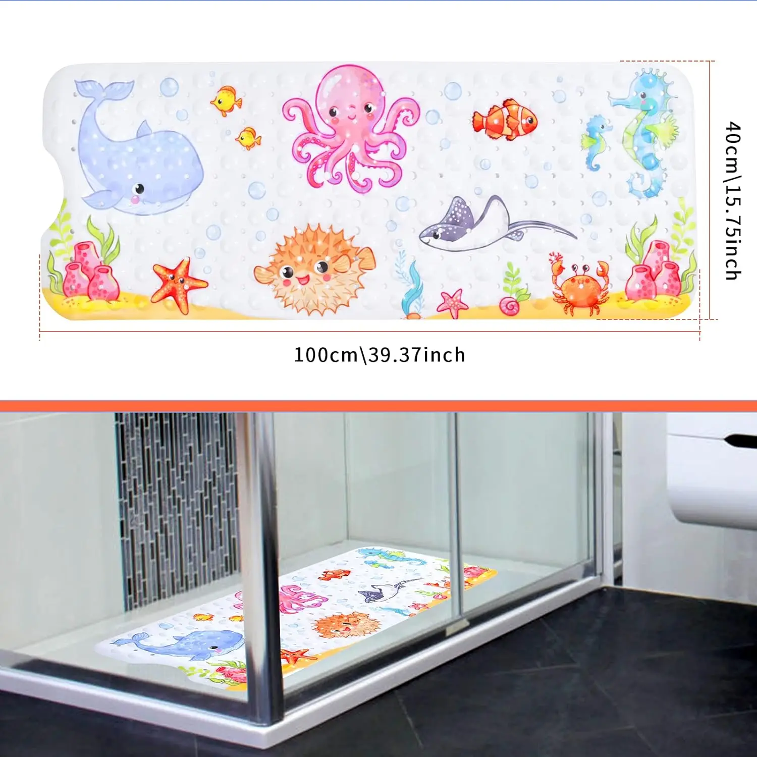 Baby Bath Mat Non Slip Bathtub Mats Kids 40X16 Inch Bathroom Toddler Anti Slip Shower Mat Cartoon Whale Suction Cups