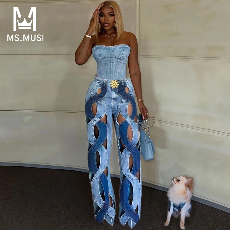

MSMUSI 2023 New Fashion Designer Women Sexy Floral Patchwork Hollow Out High Waist Denim Pant Party Club Bodycon Jeans Long Pant