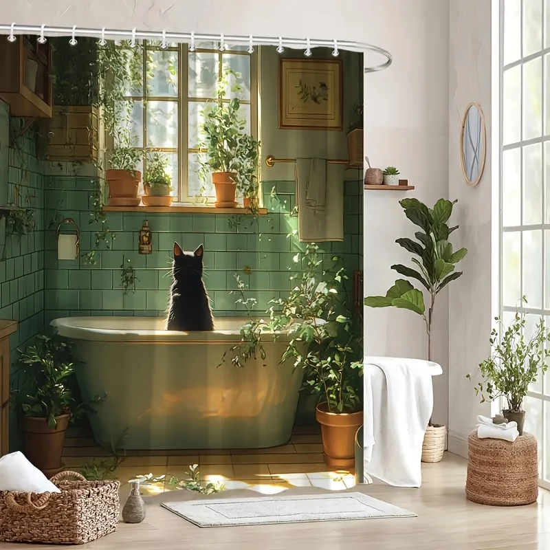 黒猫のシャワーカーテン、植物付きのヴィンテージ風バスタブに入った猫、防水ポリエステル製バスルーム装飾バスカーテンセット