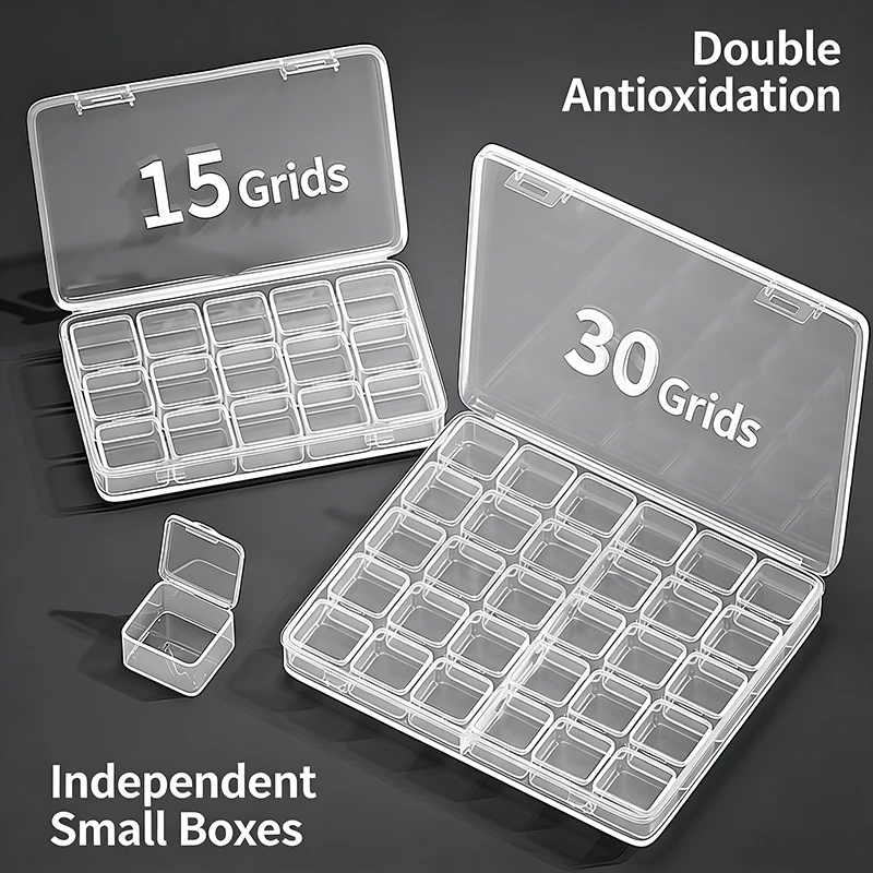 

Коробка для хранения украшений на 9/15/30 ячеек: для серег-гвоздиков, серег, ожерелий, бусин, прозрачная мини-коробка с защитой от окисления