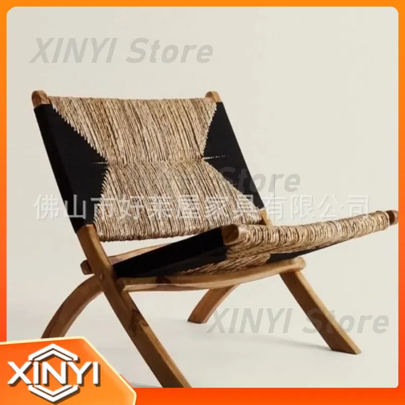 Medieval Rattan Chair for Designer Retro Style Home Backrest Woven Recliner Leisure Sofa Chair Folding Recliner