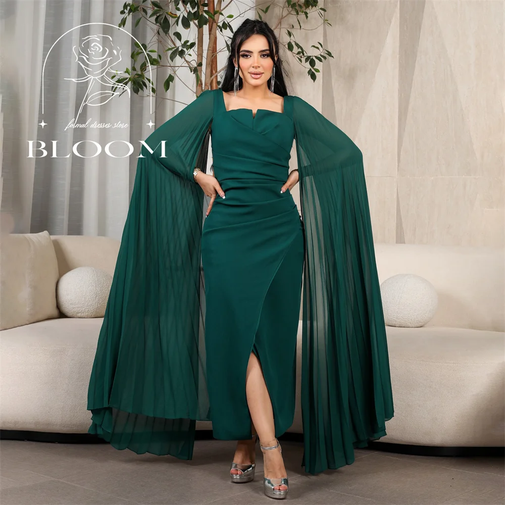 

Bloom Customized Square Neck Mermaid Formal Gown Ankles Length Simple High Split Long Sleeve Muslim Chiffon Everning Party Dress