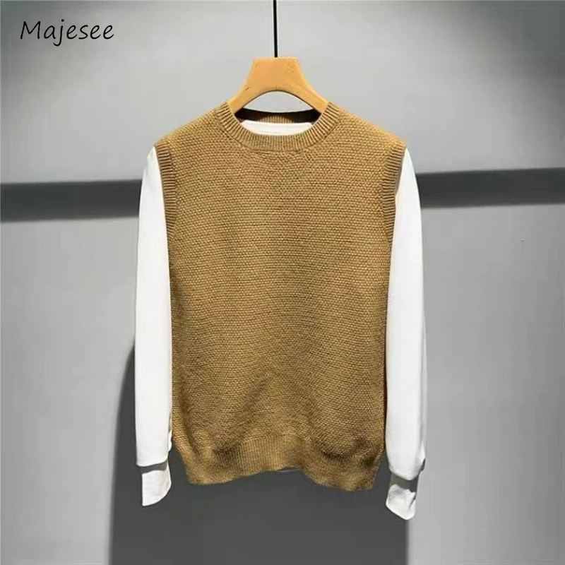 

Fake Two Piece Sweaters Men O-neck Panelled Stretchy Solid Daily Slouchy Autumn Winter Handsome 4 Colors Simple All-match Retro