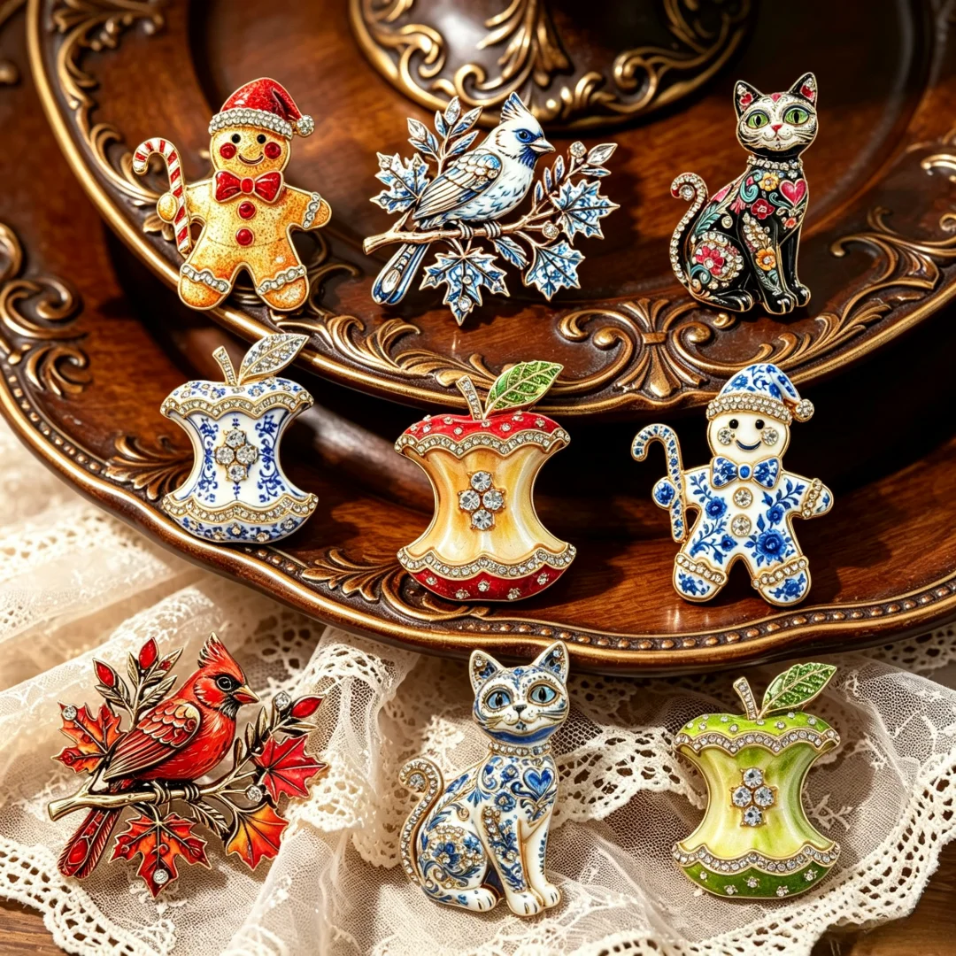 Vintage Enamel Brooch Rhinestone Gingerbread Man Cat Bird Apple Pin Elegant Lapel Badge Jewelry for Coat Scarf Accessories Gift