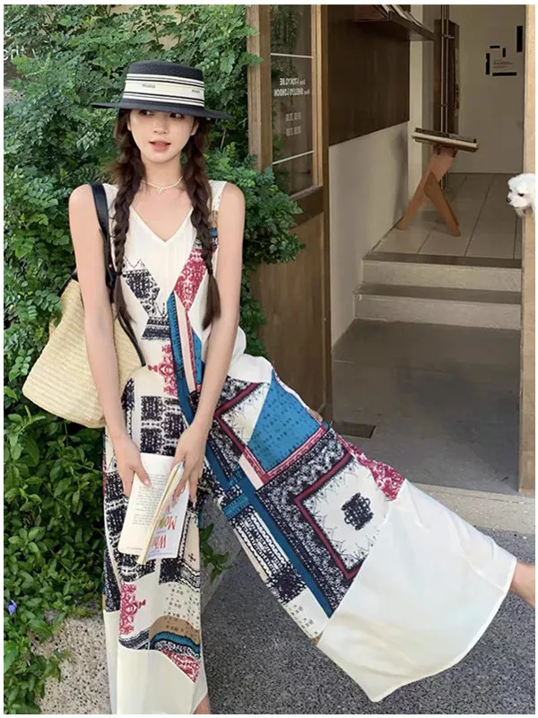 n Vaion Sle Women's Summer Faion Print Bib Overalls Unique One-Piece Wide Leg Skirt Pants High Waist Long Pants