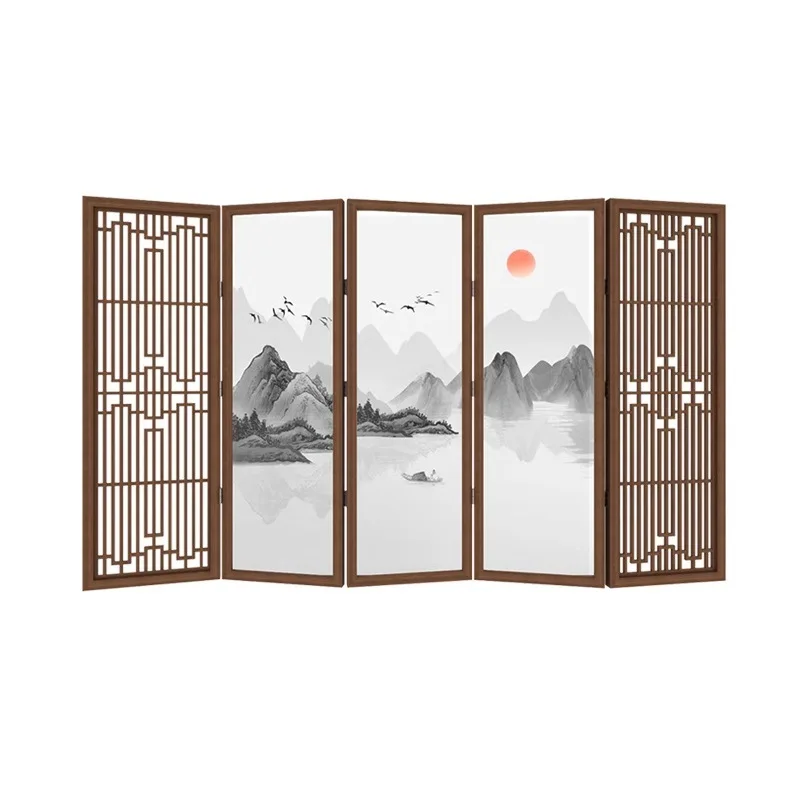 New Chinese-style landscape screen office and restaurant blocking decoration movable solid wood partition folding screen