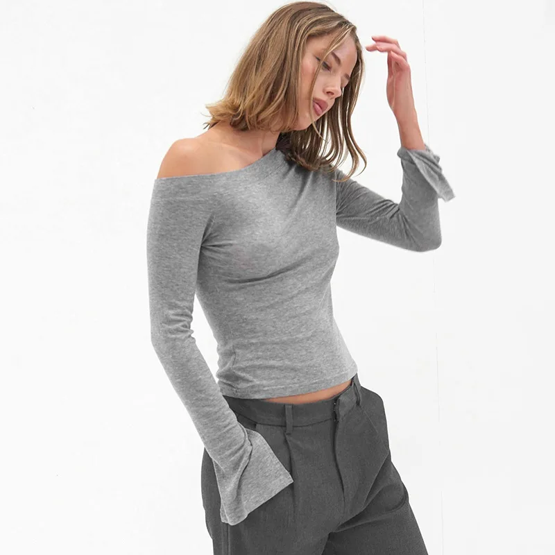 Women'S Fall New Arrival Versatile Solid Color Off-Shoulder Long Sleeve Slit Waist-Defining Slim-Fit T-Shirt Causal Top