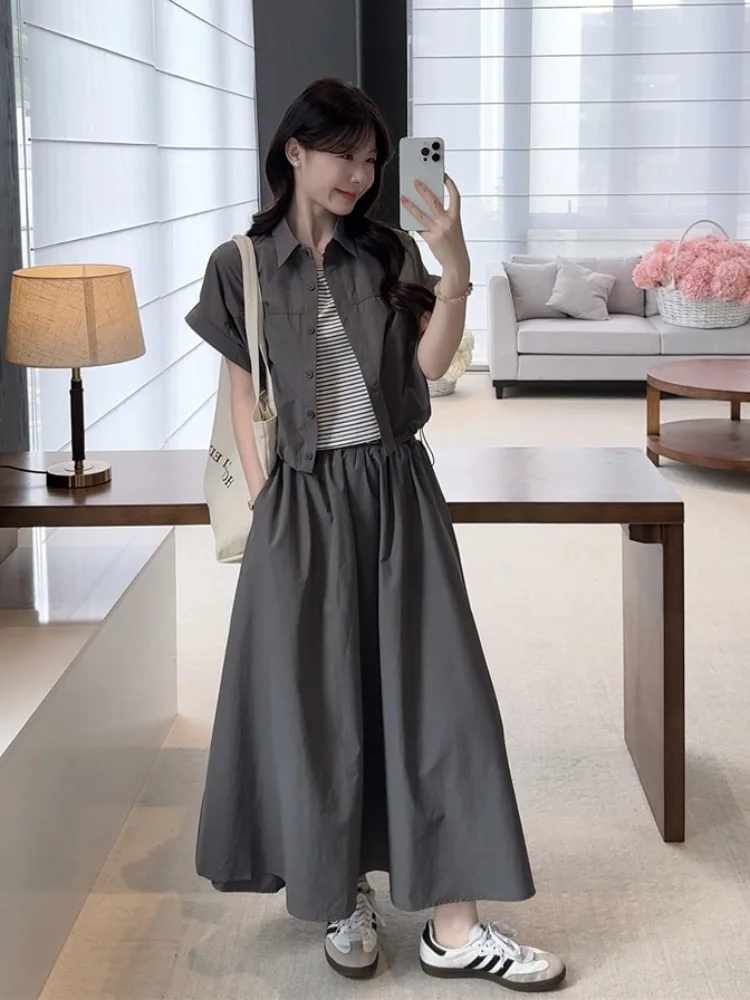 

plus Size Summer Fashion Korean Style Shirt And Skirt Set Women's High Waist Casual Breathable Clothing Office Commute Suitable