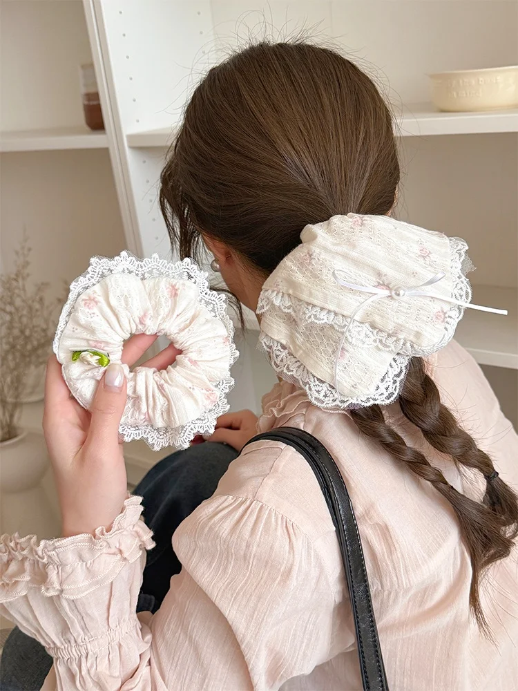 

Lace Trim Knot Square Scarf Hair Ties Women's Hair Ba Ponytail Headba Sweet Hair Accories Korean Sle