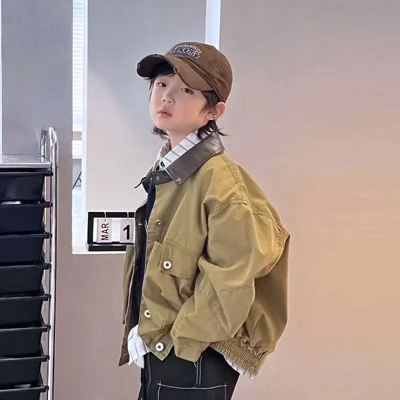 

Children's American Retro Distressed Large Pocket Jacket Children's Spring and Autumn Trendy Brand Loose Collar Workwear Jacket