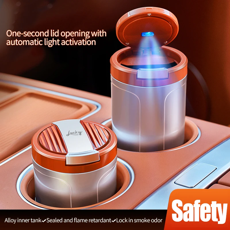 Car Ashtray Set, Interior Use, One Click Lid Opening, Large Capacity, Equipped with LED Lights and Metal Lining