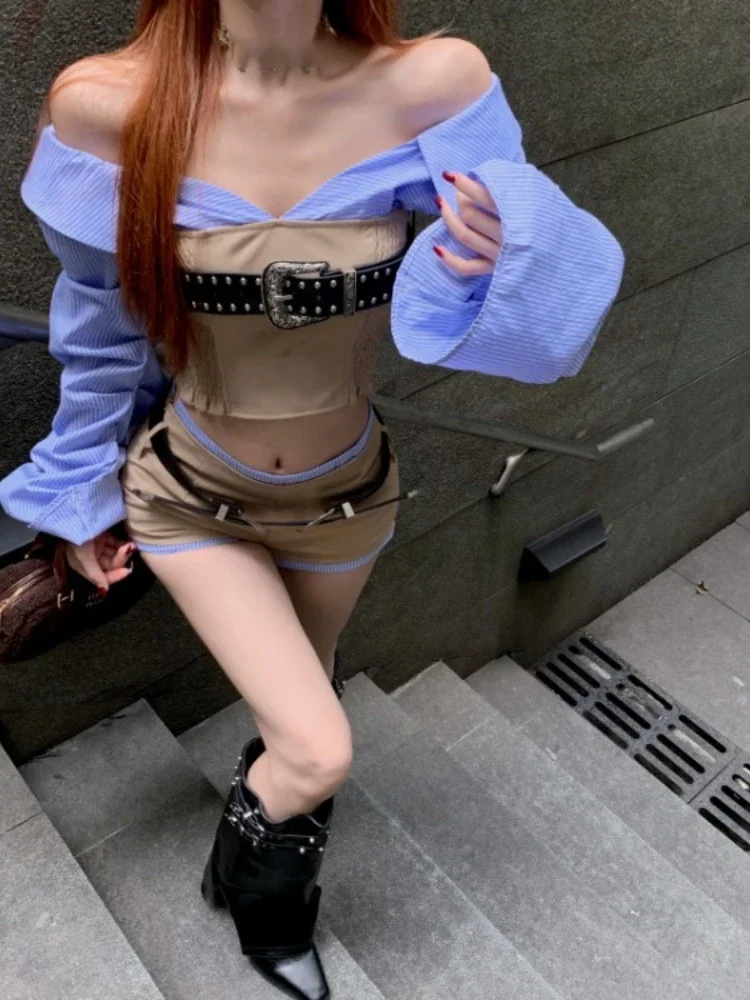 

Американская полосатая лоскутная рубашка с открытыми плечами, женская рубашка Y2k, субкультурные японские шорты с тонкой талией, комплекты из двух предметов, укороченный топ, рубашки