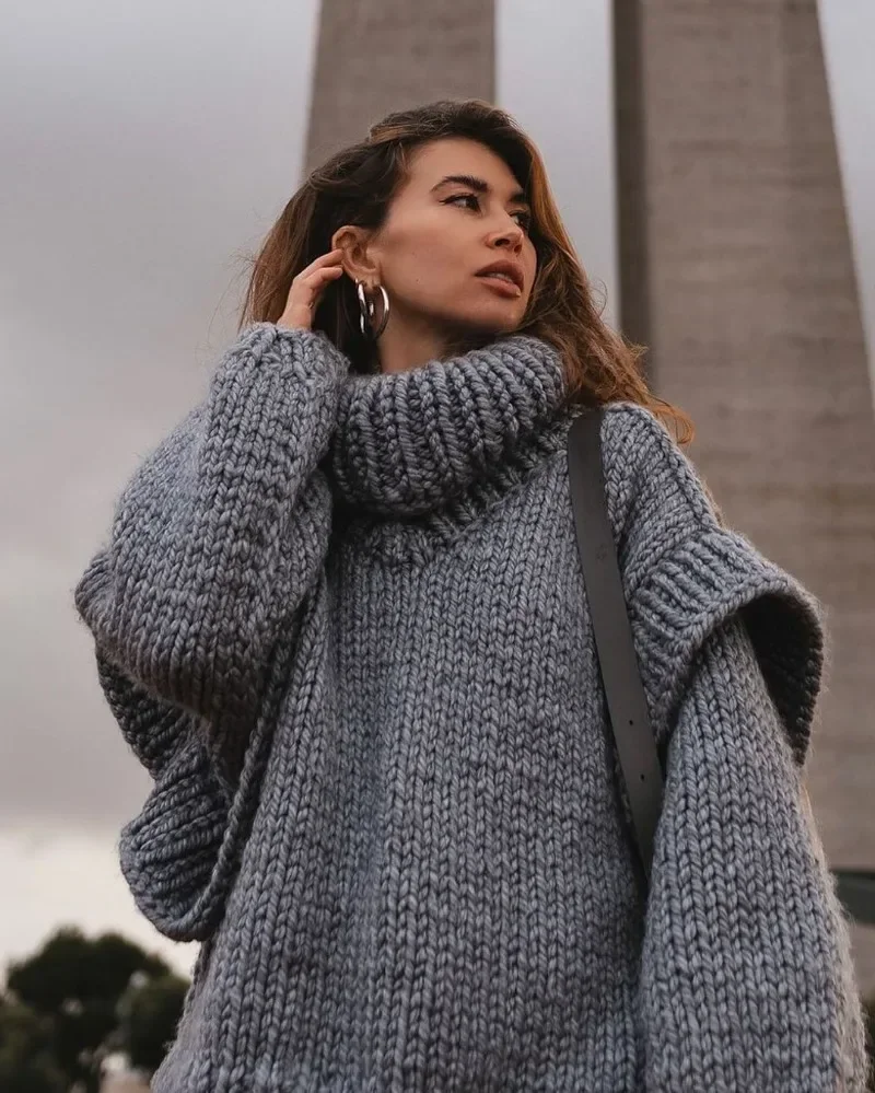 

Autumn Vintage Women Turtleneck Sweater Casual Solid Oversized Lantern Sleeve Pullover Thick Warm Loose Knitwear Tops Streetwear